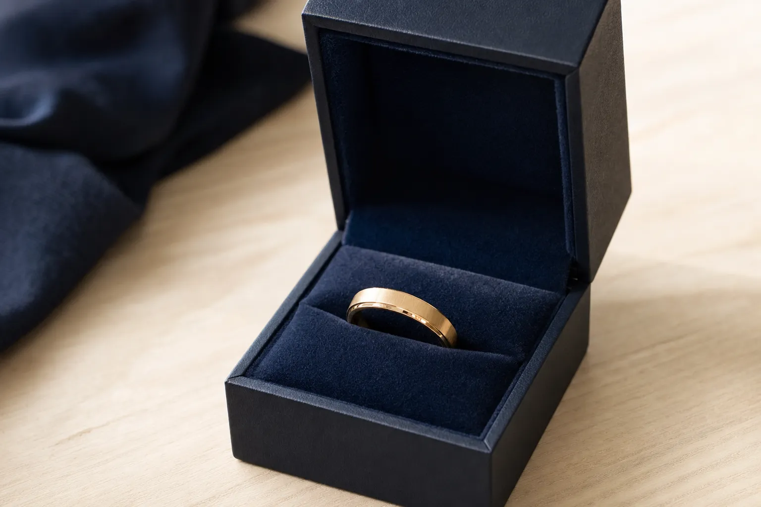 Navyfarbene Ringbox mit einem Herrenring aus Gold auf einem Holztisch, Tageslicht