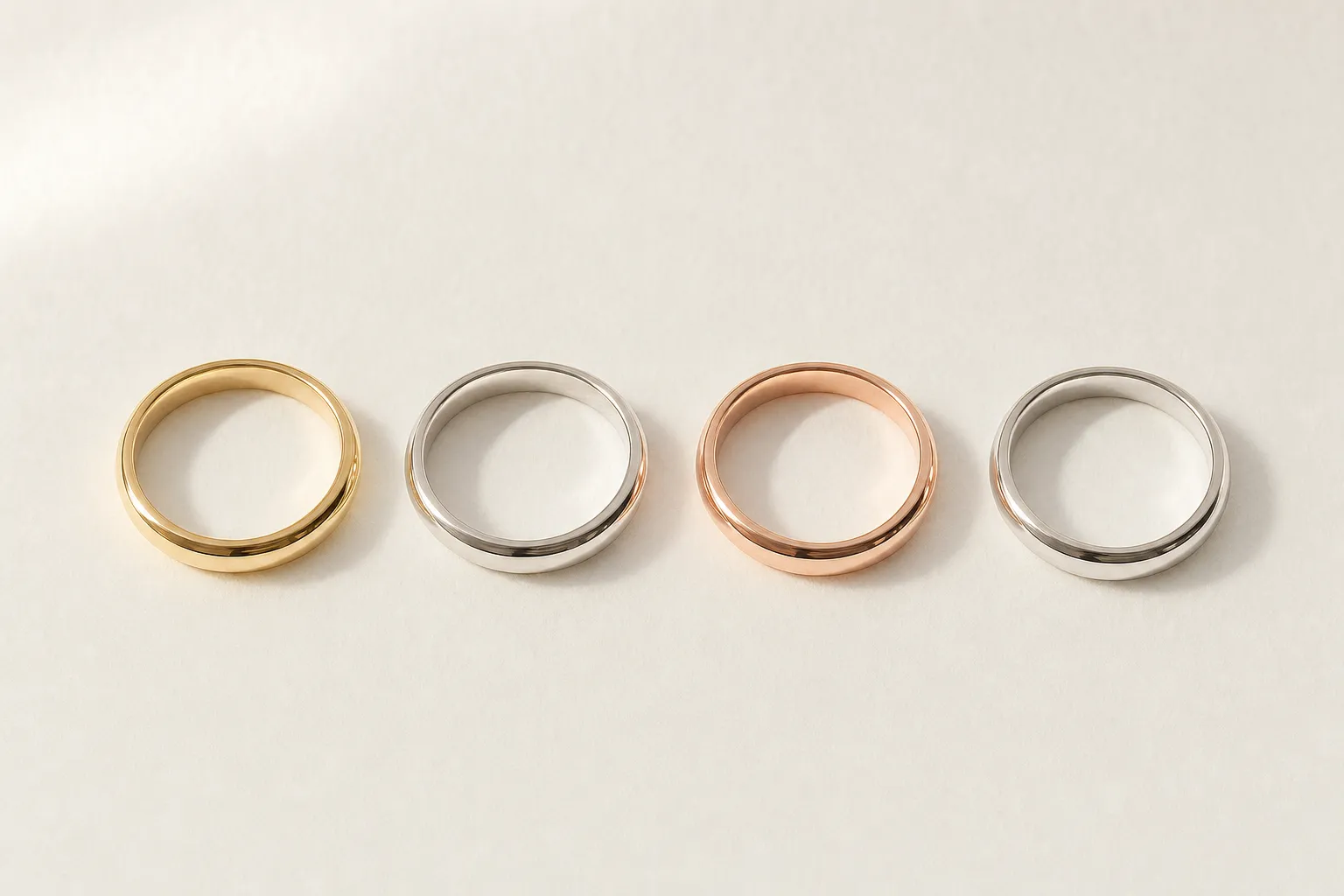 Vier schlichte Ringschienen nebeneinander in Gelbgold, Weissgold, Roségold und Platin, zeigen die Farbunterschiede