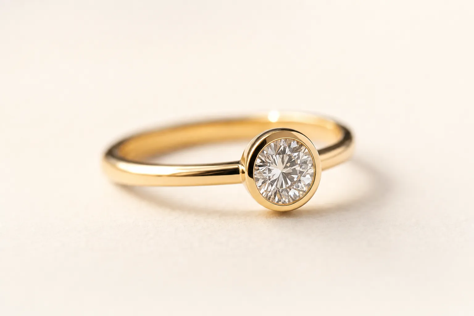 Zargenfassung mit glattem Metallrand rundum einen Diamanten in Gelbgold