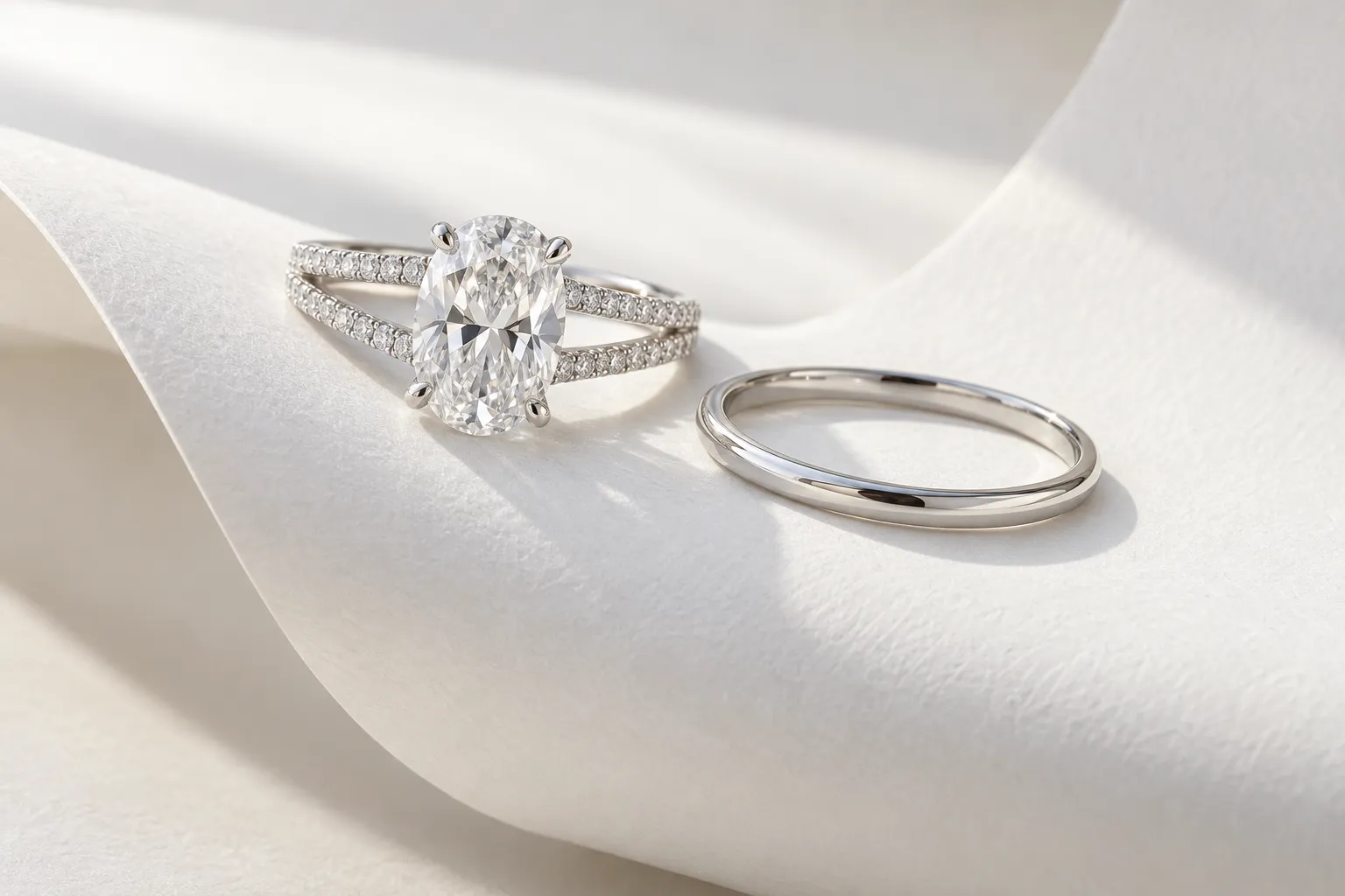 Split-Shank-Verlobungsring in Weissgold mit Pavé auf beiden Armen und ovalem Diamanten, daneben ein schlichter Ehering auf weissem Papier