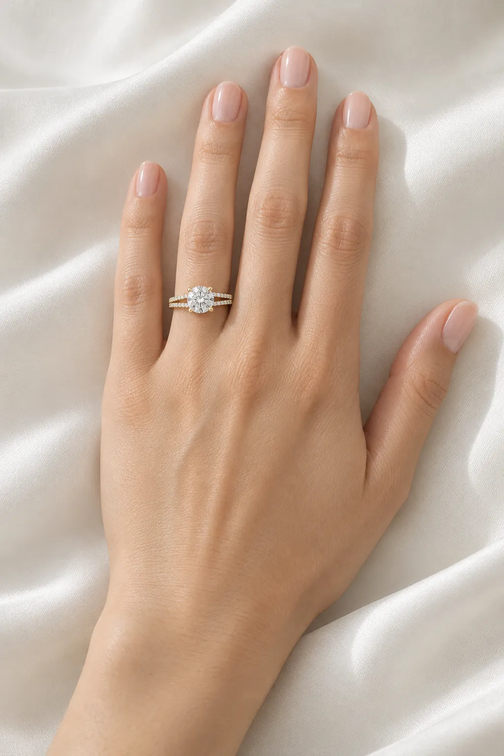 Hand auf heller Seide mit Split-Shank-Verlobungsring in Gelbgold, die Schiene teilt sich neben dem runden Diamanten in zwei Arme