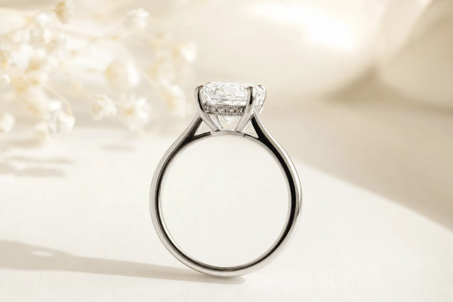 Seitliche Makroaufnahme eines Verlobungsrings mit einem versteckten Kranz kleiner Diamanten unter dem Hauptstein, Weissgold