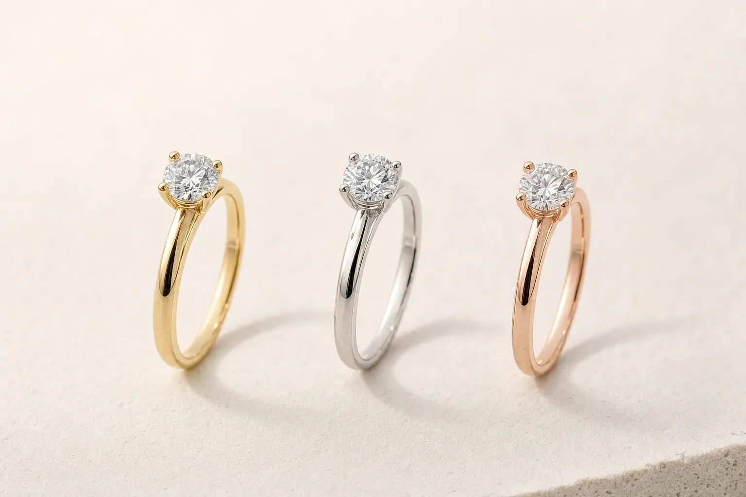 Trois bagues solitaires en or jaune, or blanc et or rose, debout côte à côte