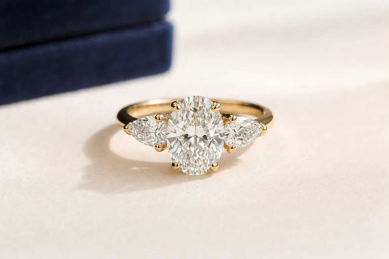 Trilogie-Verlobungsring mit einem ovalen Mittelstein und zwei kleineren Tropfen-Diamanten seitlich, Gelbgold