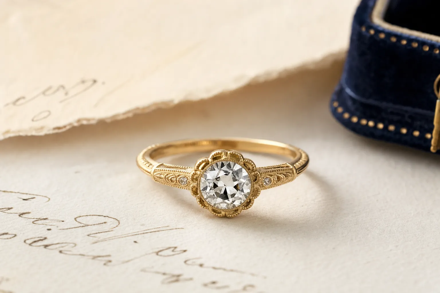 Vintage-inspirierter Verlobungsring mit Milgrain-Kanten und einem Old-European-Cut-Diamant in Gelbgold auf gealtertem Papier